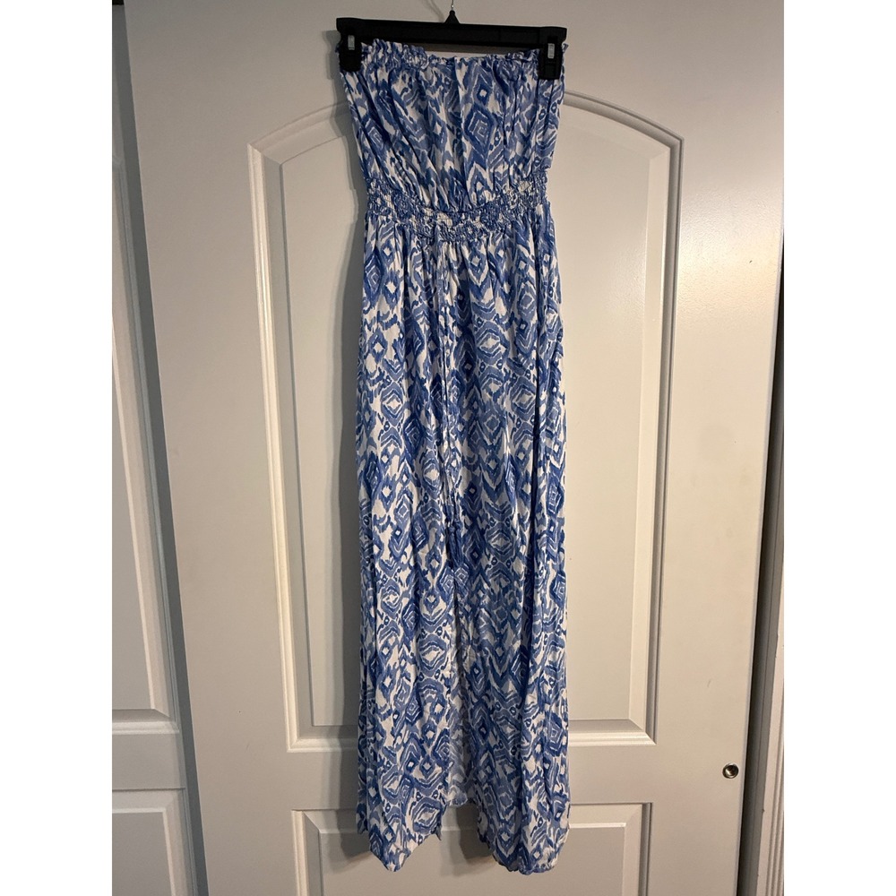 Jessica Simpson Strapless Maxi Dress XS Blue Ikat Boho Smocked Ikat Festival